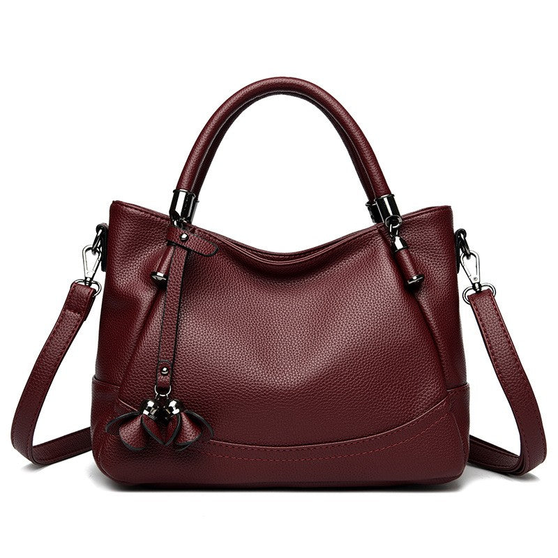 Pebbled Top Handle Satchel With Petal Charm - Burgundy
