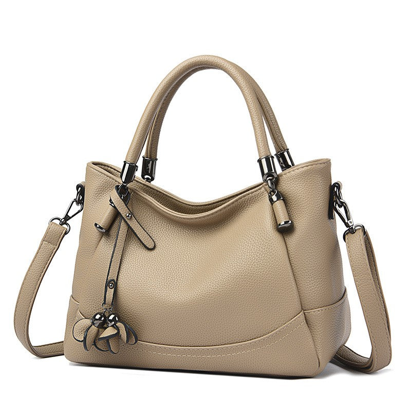 Pebbled Top Handle Satchel With Petal Charm - Khaki