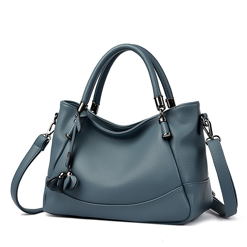 Pebbled Top Handle Satchel With Petal Charm - Slate Blue