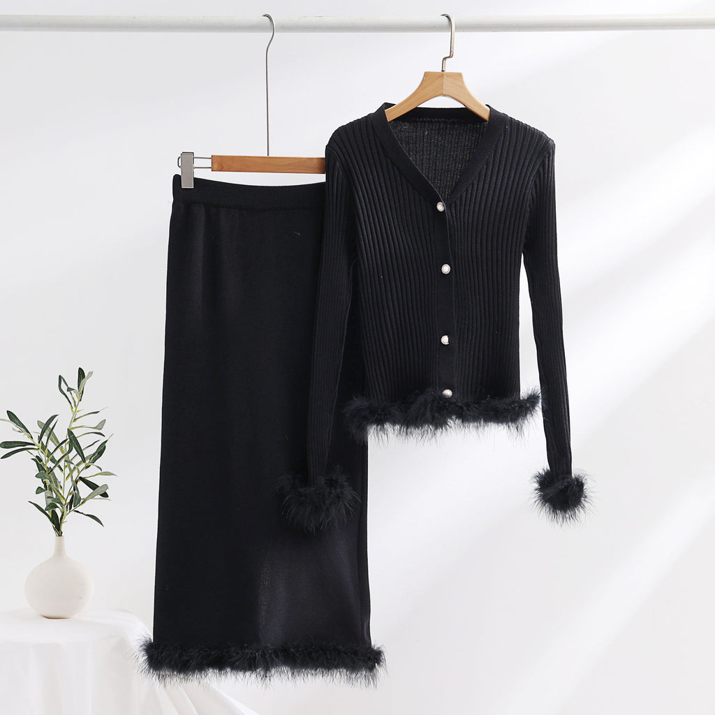Faux Fur Trim Rib Knit Cardigan Skirt Set - Black