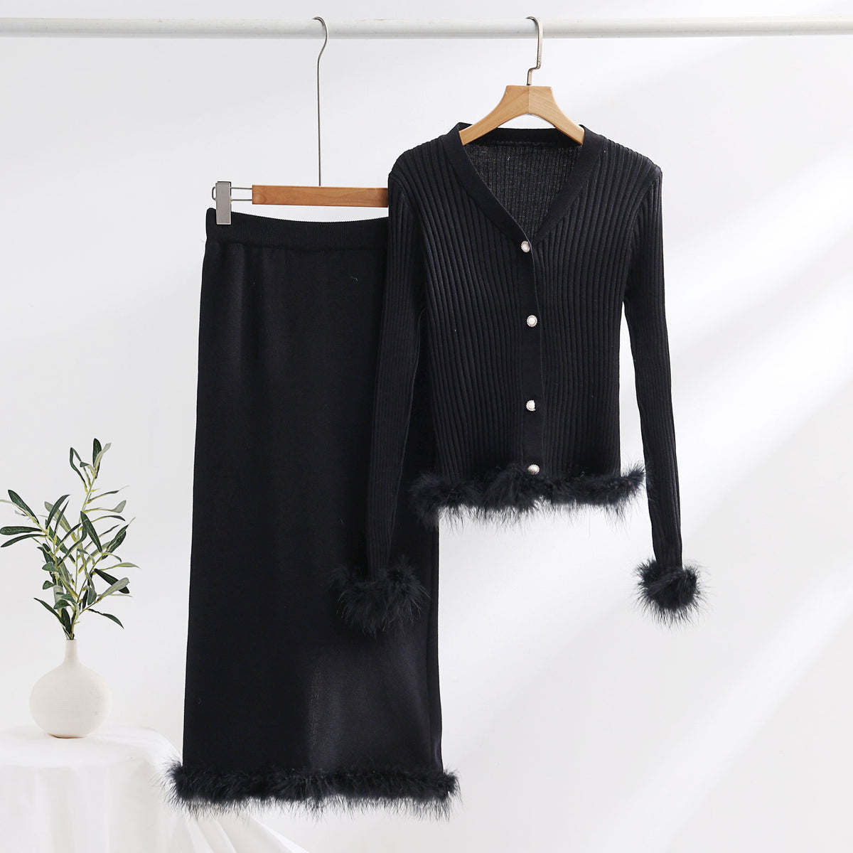 Faux Fur Trim Rib Knit Cardigan Skirt Set - Black