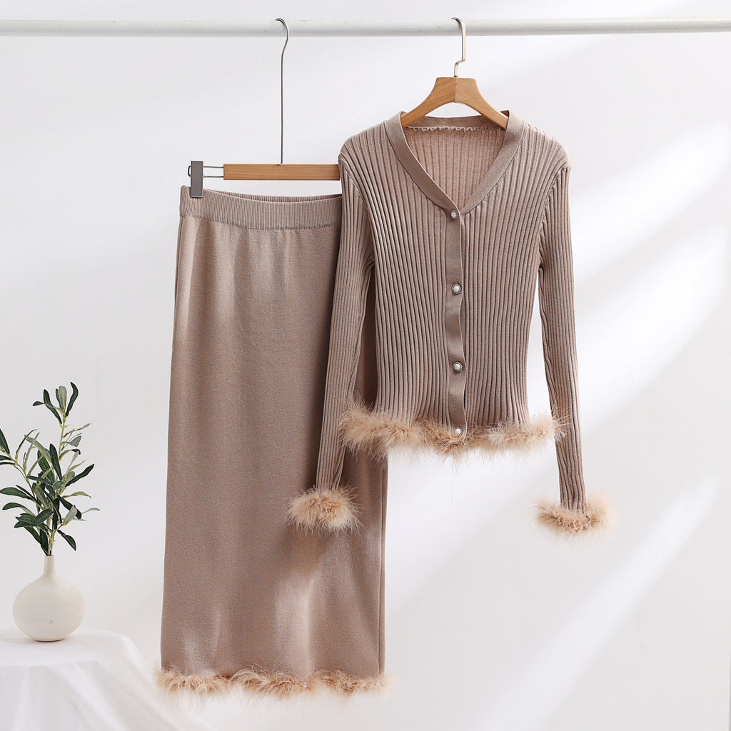 Faux Fur Trim Rib Knit Cardigan Skirt Set - Tan