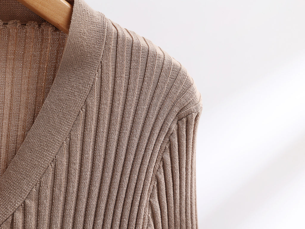 Faux Fur Trim Rib Knit Cardigan Skirt Set - Tan - 1