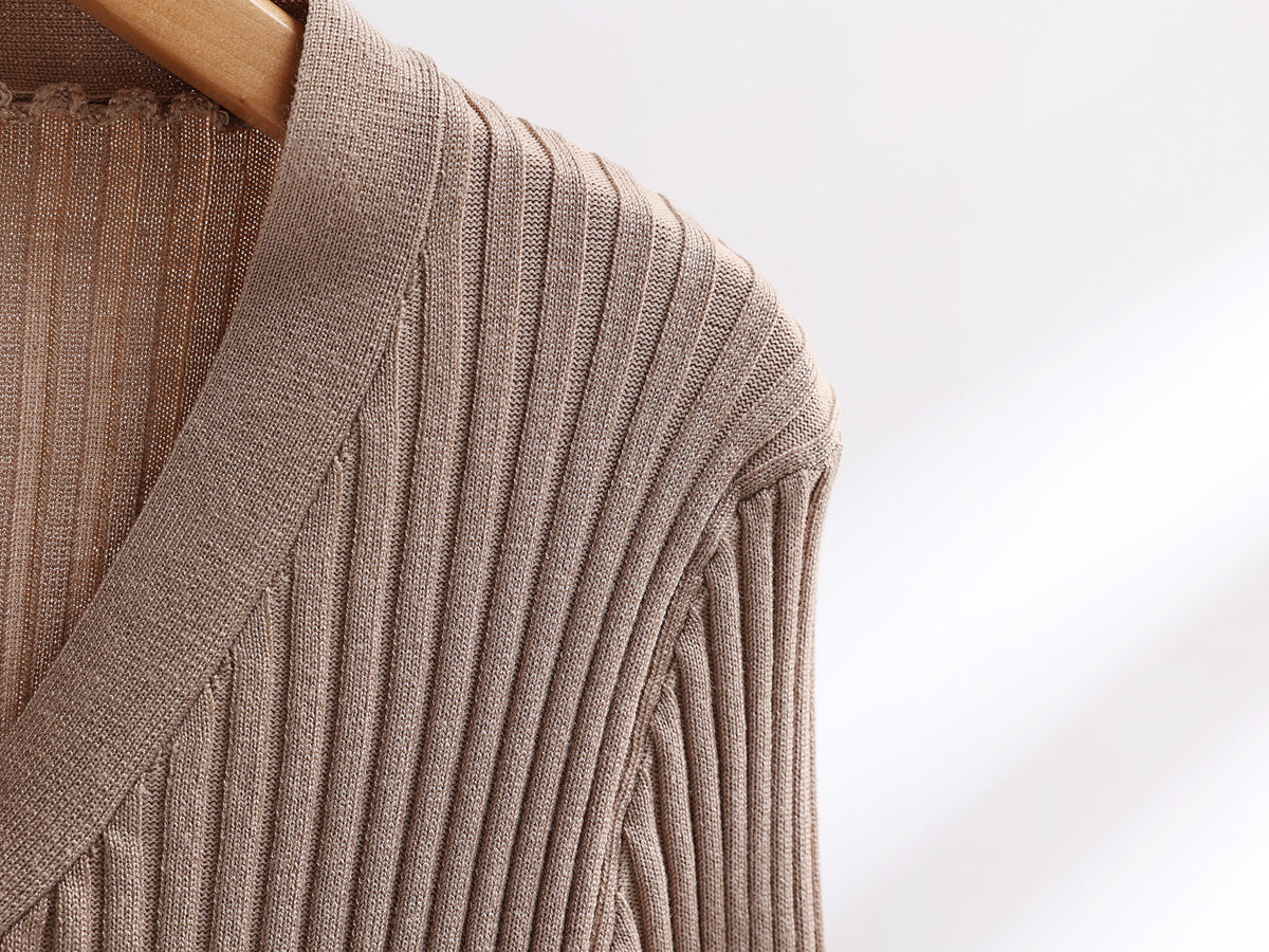 Faux Fur Trim Rib Knit Cardigan Skirt Set - Tan - 1