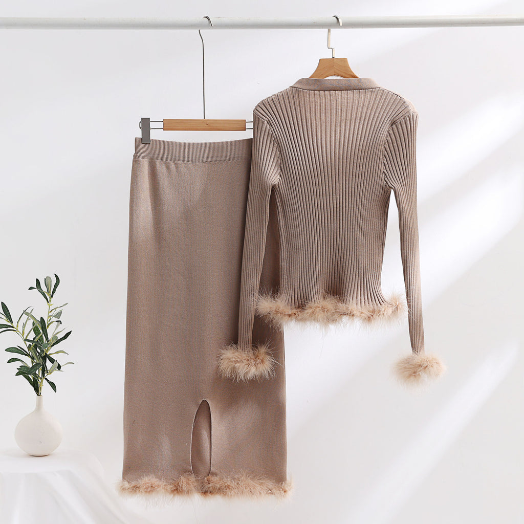 Faux Fur Trim Rib Knit Cardigan Skirt Set - Tan - 4