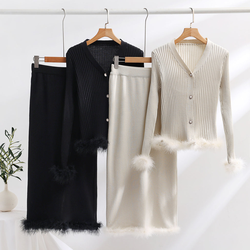 Faux Fur Trim Rib Knit Cardigan Skirt Set