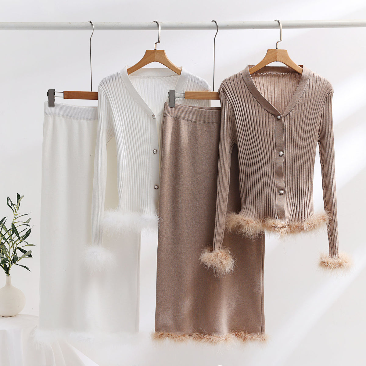 Faux Fur Trim Rib Knit Cardigan Skirt Set - view 1