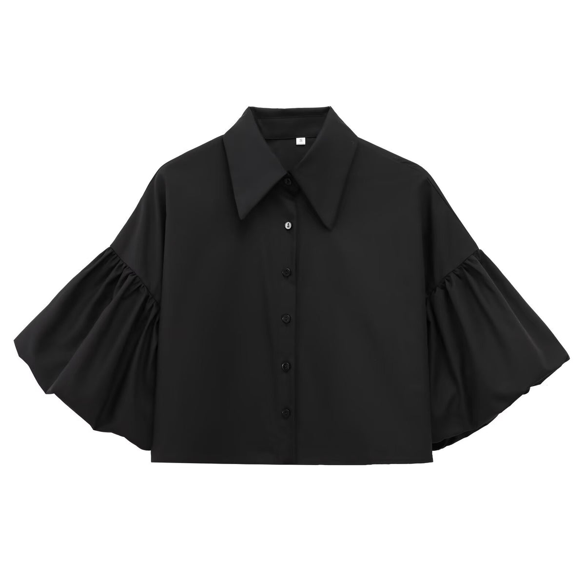 Wide Bell Sleeve Cropped Collared Shirt - Black