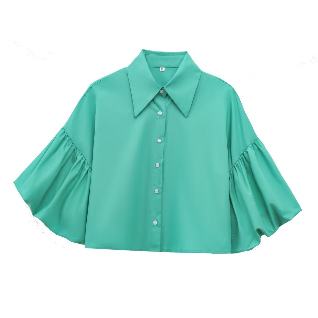 Wide Bell Sleeve Cropped Collared Shirt - Green