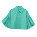Wide Bell Sleeve Cropped Collared Shirt - Green