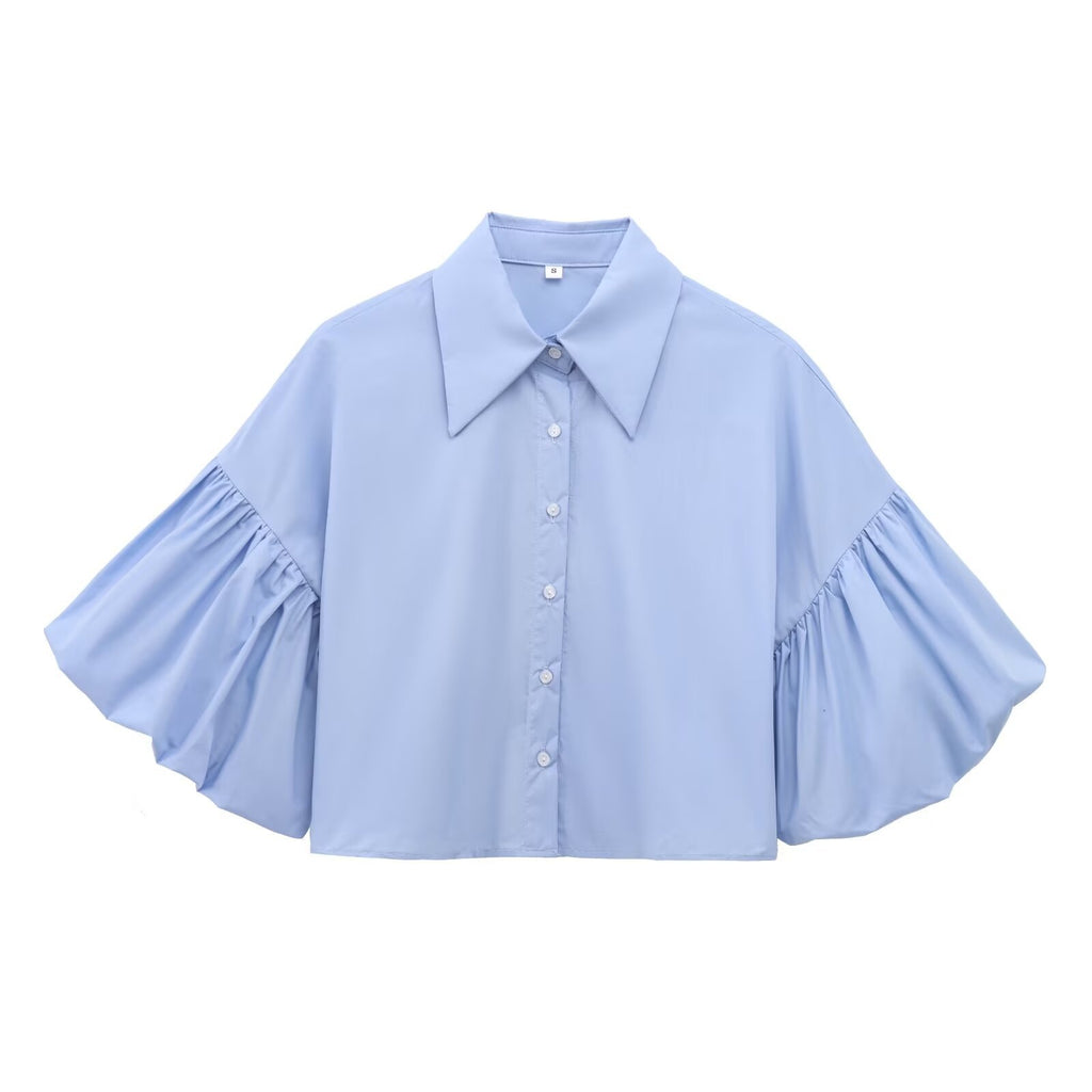 Wide Bell Sleeve Cropped Collared Shirt - Light_Blue