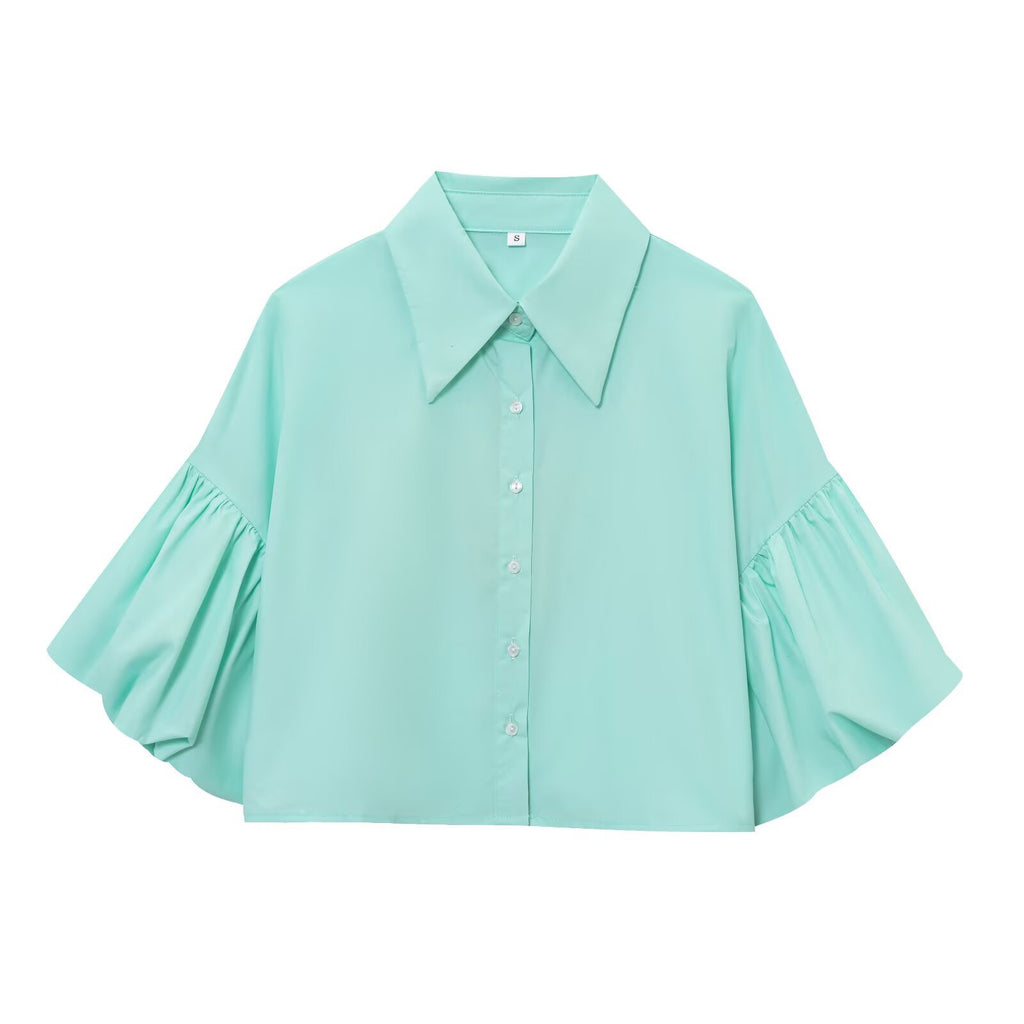 Wide Bell Sleeve Cropped Collared Shirt - Light_Green