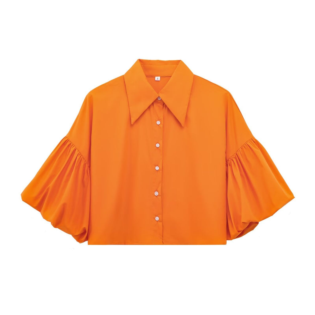 Wide Bell Sleeve Cropped Collared Shirt - Orange