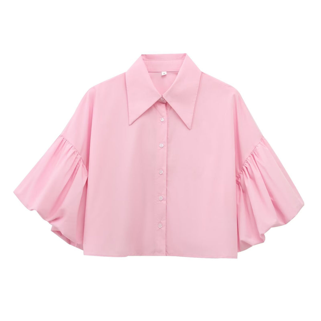 Wide Bell Sleeve Cropped Collared Shirt - Pink