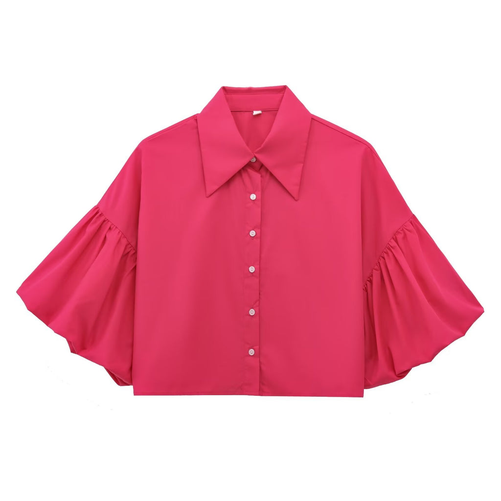 Wide Bell Sleeve Cropped Collared Shirt - Rose