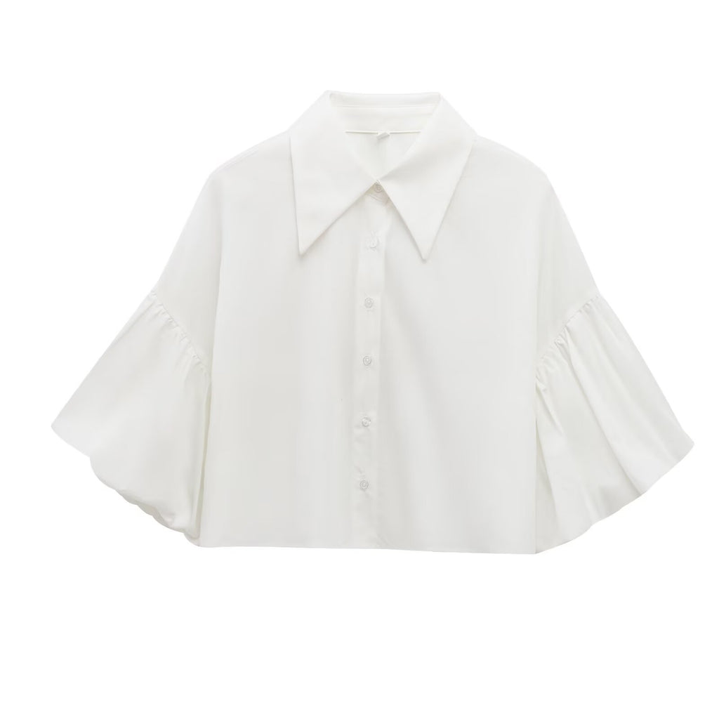 Wide Bell Sleeve Cropped Collared Shirt - White