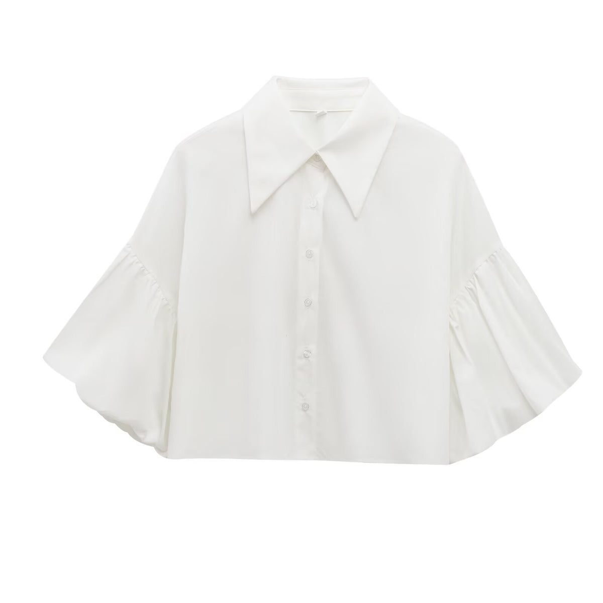 Wide Bell Sleeve Cropped Collared Shirt - White