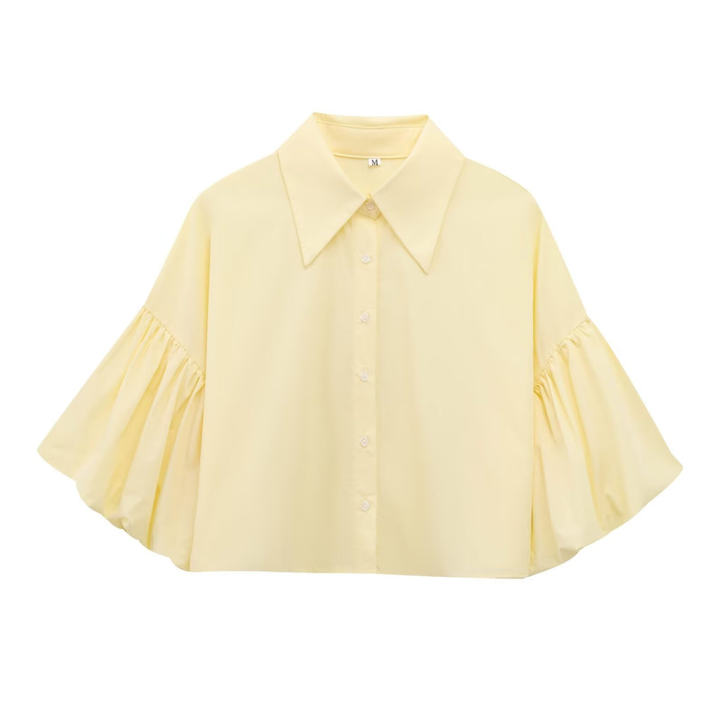 Wide Bell Sleeve Cropped Collared Shirt - Yellow