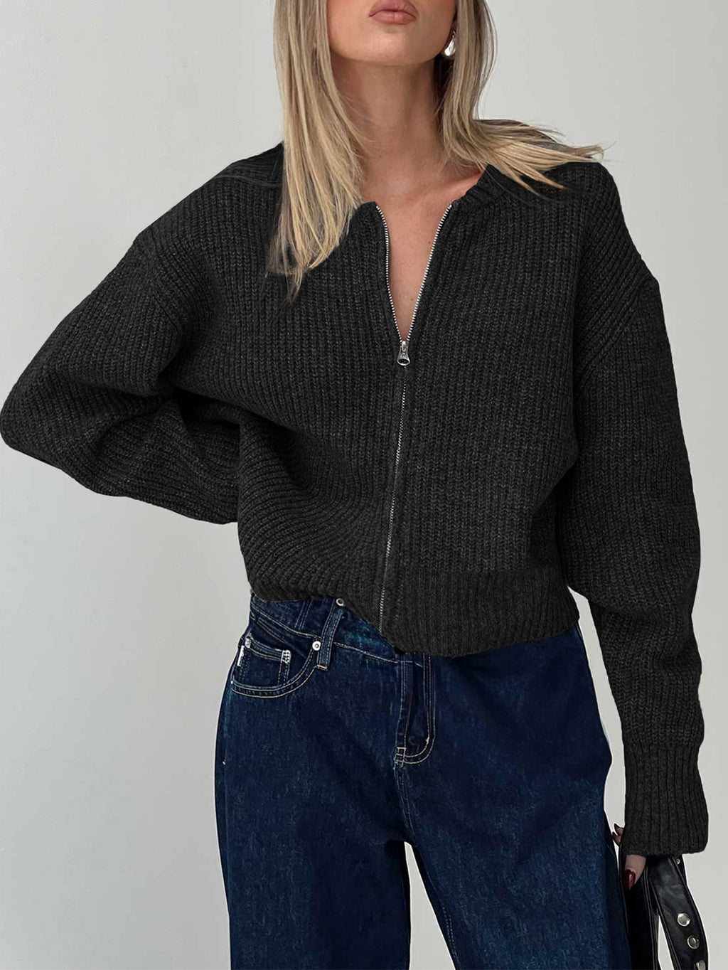 Zip Up Ribbed Knit Bomber Cardigan - Black - 1