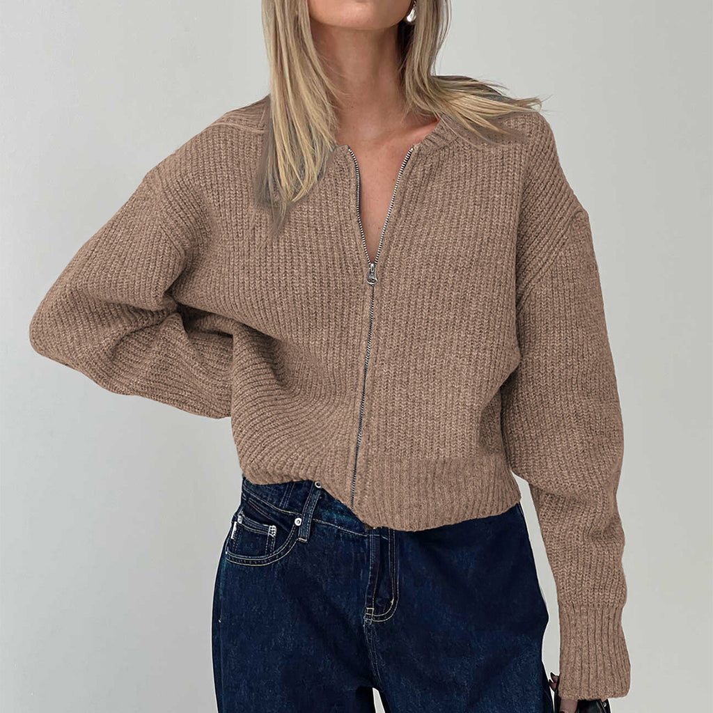 Zip Up Ribbed Knit Bomber Cardigan - Coffee