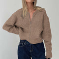 Zip Up Ribbed Knit Bomber Cardigan - Coffee