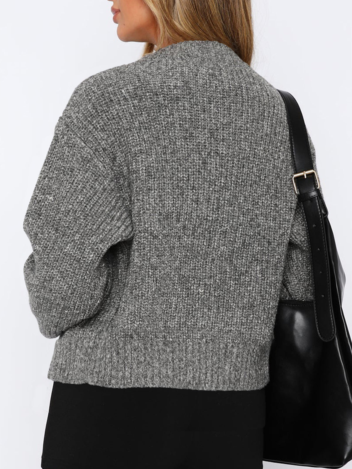 Zip Up Ribbed Knit Bomber Cardigan - DarkGrey - 2