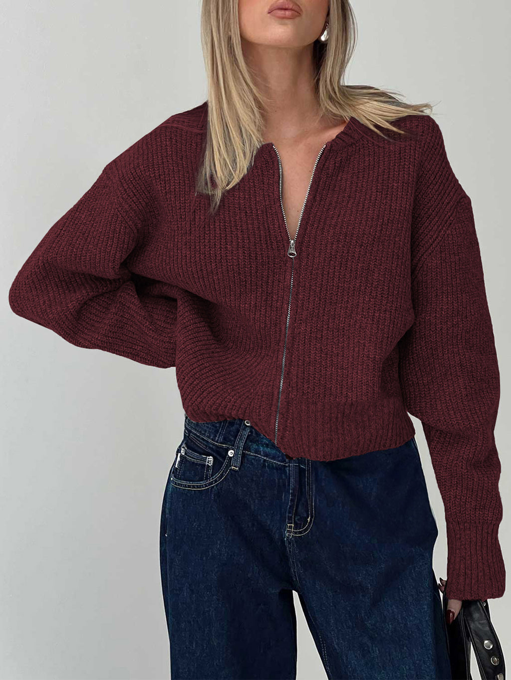 Zip Up Ribbed Knit Bomber Cardigan - WineRed - 1