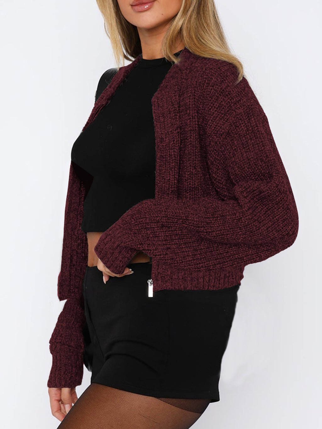 Zip Up Ribbed Knit Bomber Cardigan - WineRed - 2