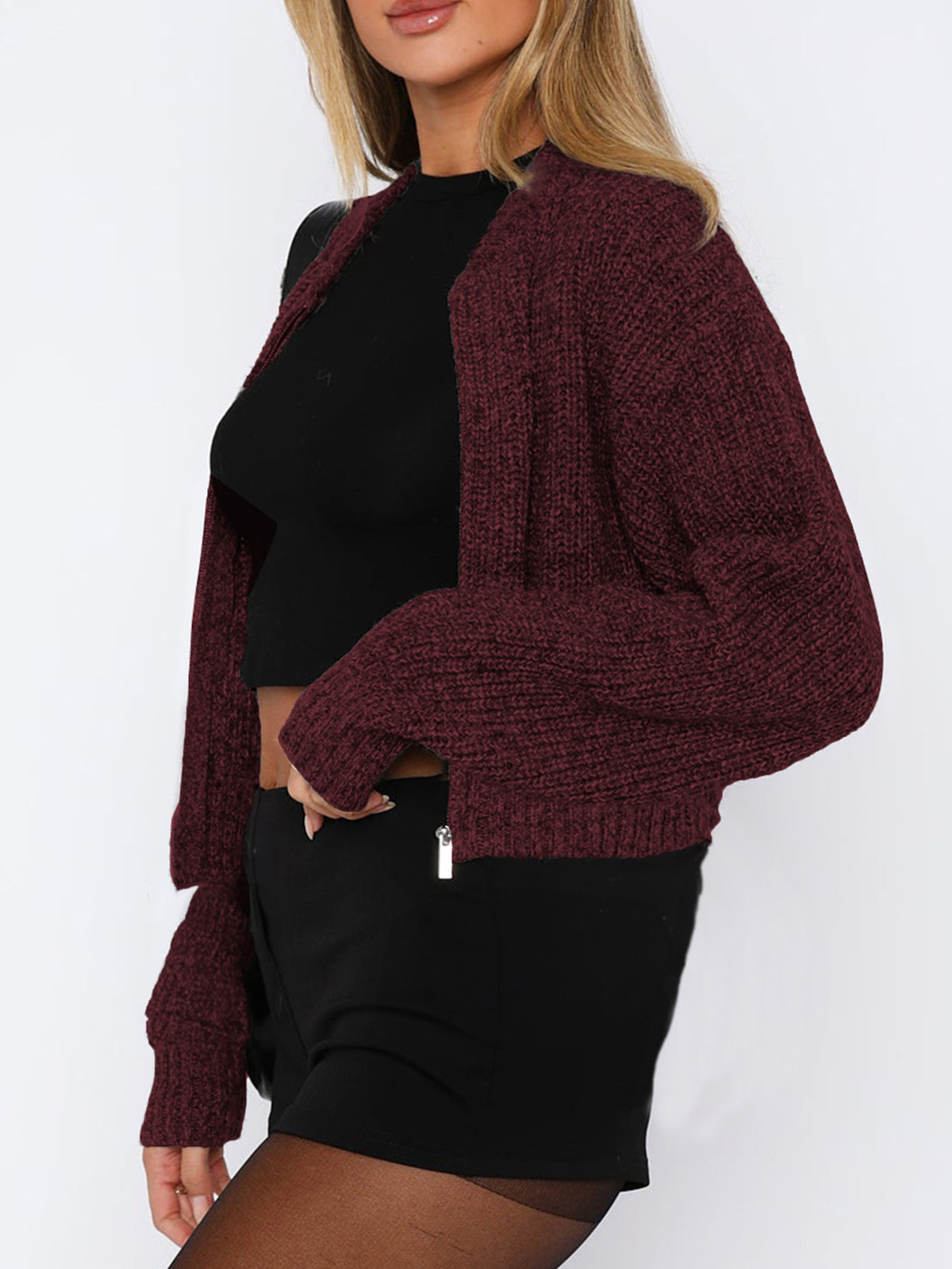 Zip Up Ribbed Knit Bomber Cardigan - WineRed - 2