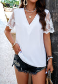 Lace Sleeve Surplice V Neck Chiffon Blouse - White