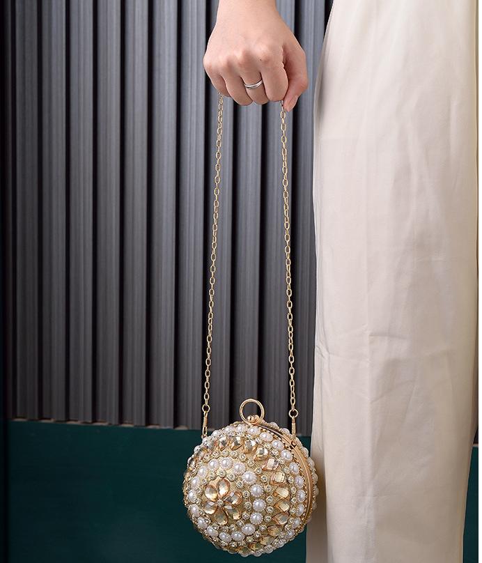 Pearl Beaded Round Ball Evening Clutch - BGolden - 2