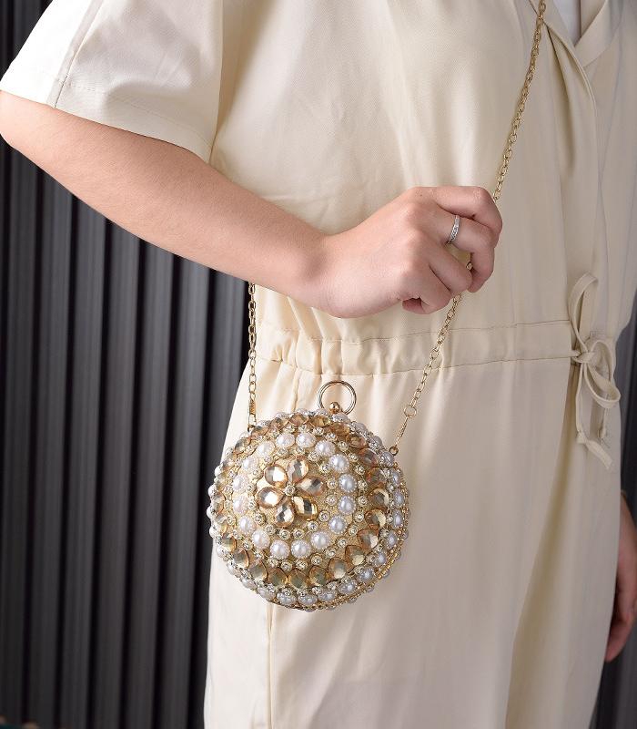 Pearl Beaded Round Ball Evening Clutch - BGolden - 4
