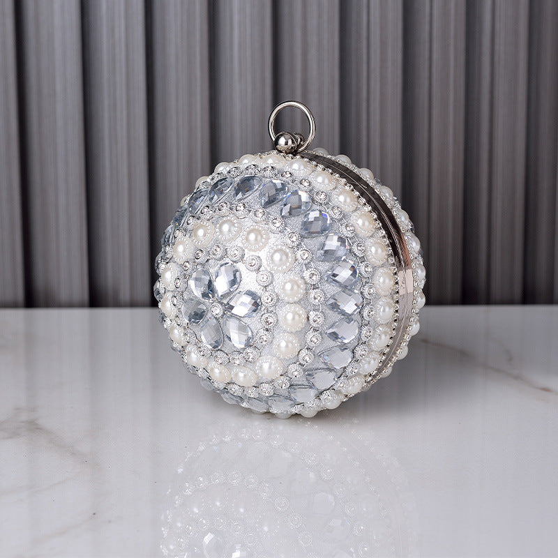 Pearl Beaded Round Ball Evening Clutch - BWhite