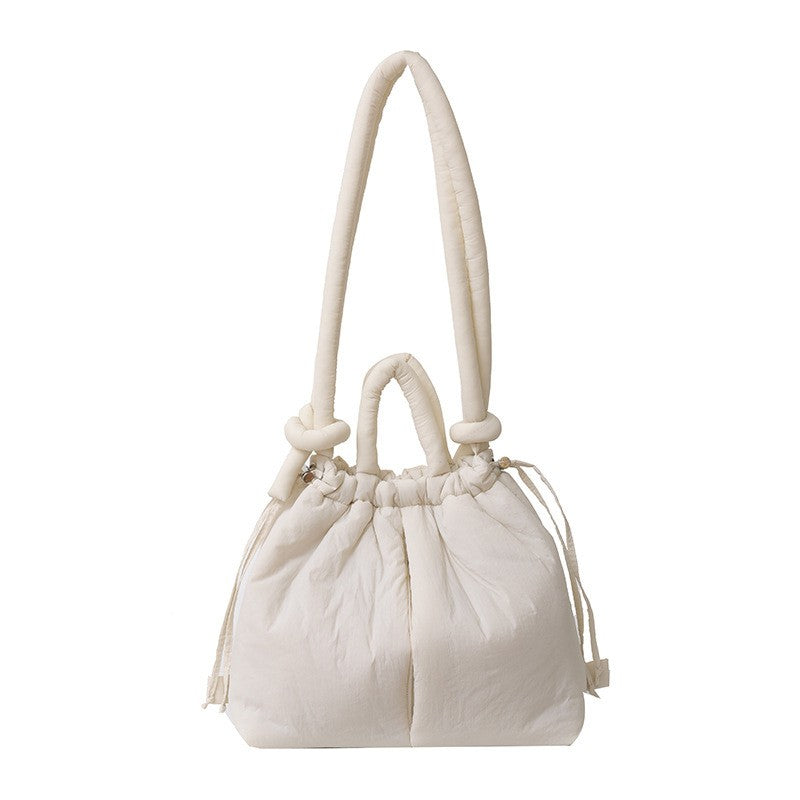 Puffer Drawstring Bucket Bag with Knot Straps - Cream