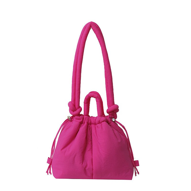 Puffer Drawstring Bucket Bag with Knot Straps - Fuchsia
