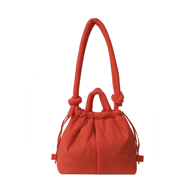 Puffer Drawstring Bucket Bag with Knot Straps - Orange