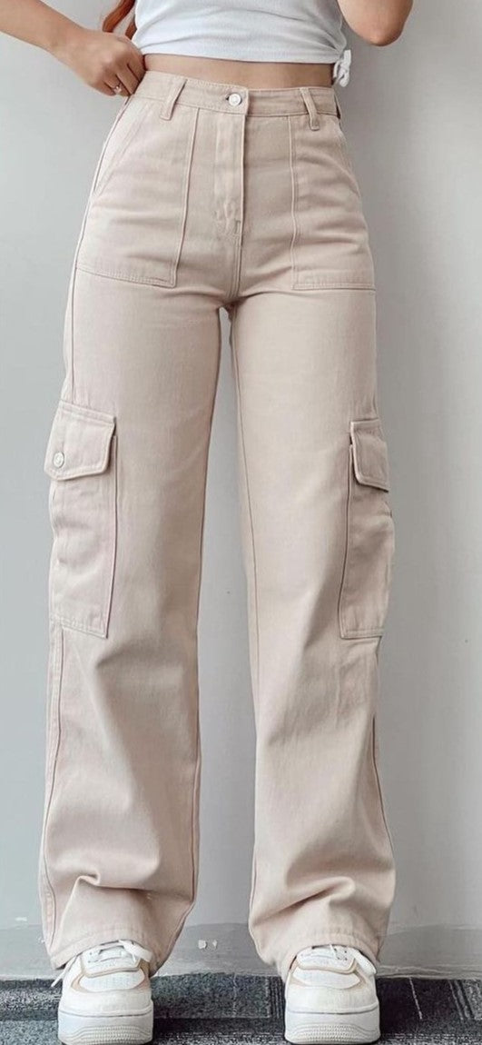 High Waist Wide Leg Cargo Pants - Apricot