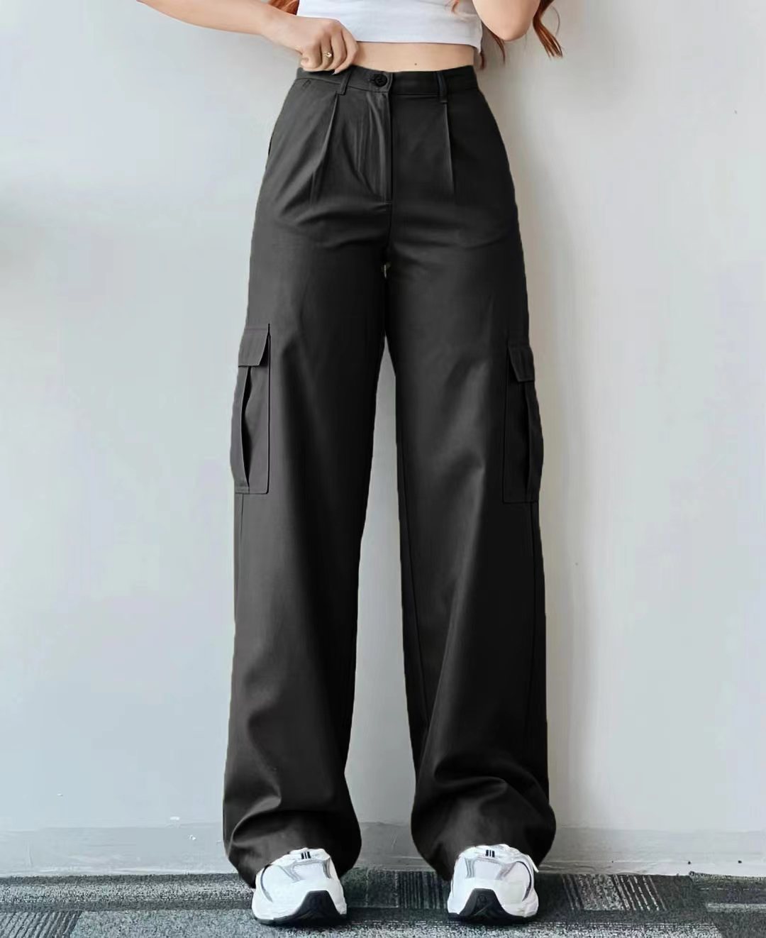 High Waist Wide Leg Cargo Pants - Black