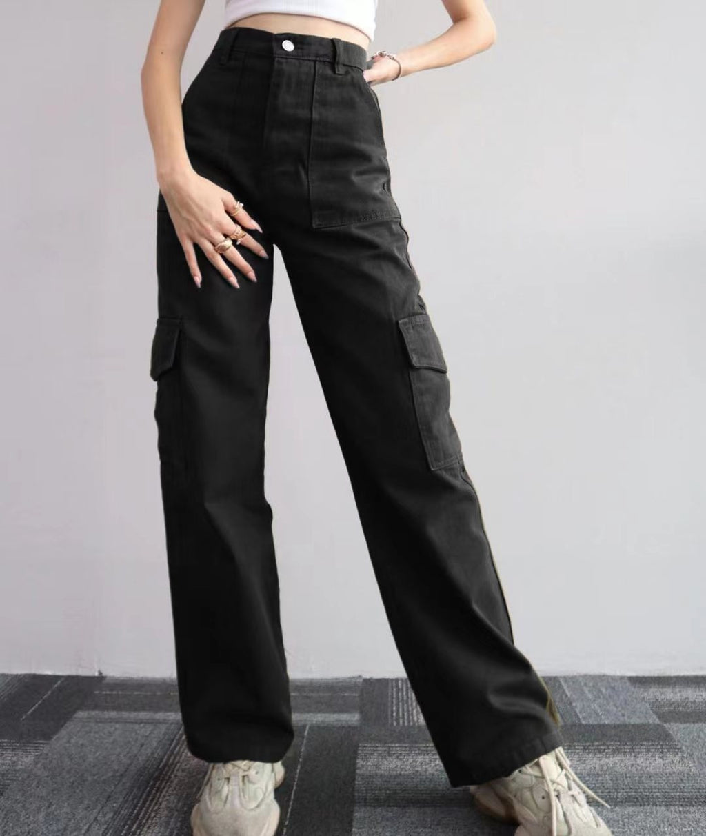 High Waist Wide Leg Cargo Pants - Black - 1