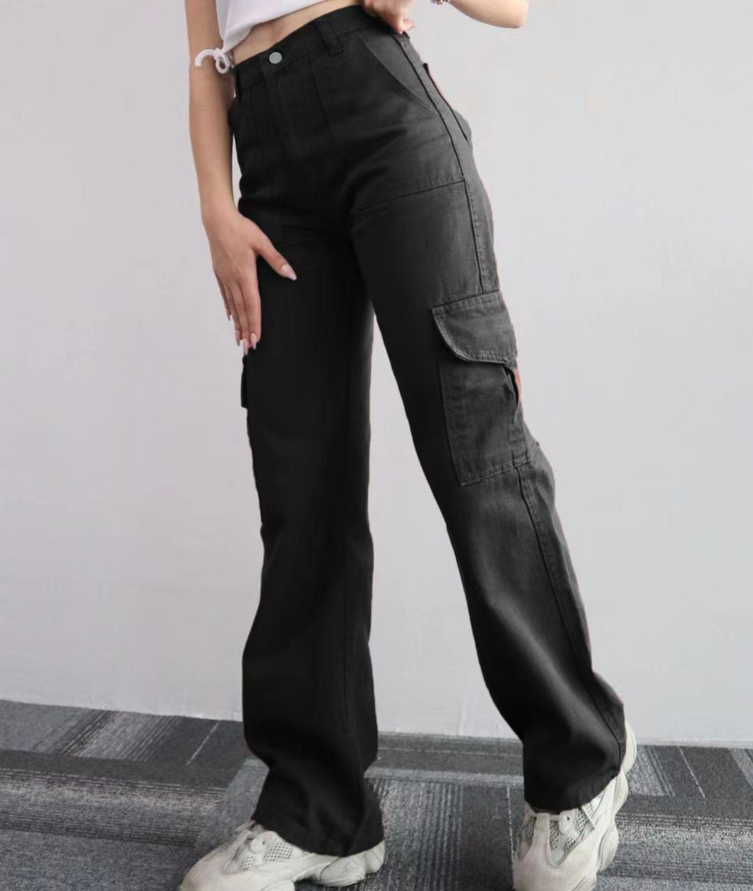 High Waist Wide Leg Cargo Pants - Black - 2
