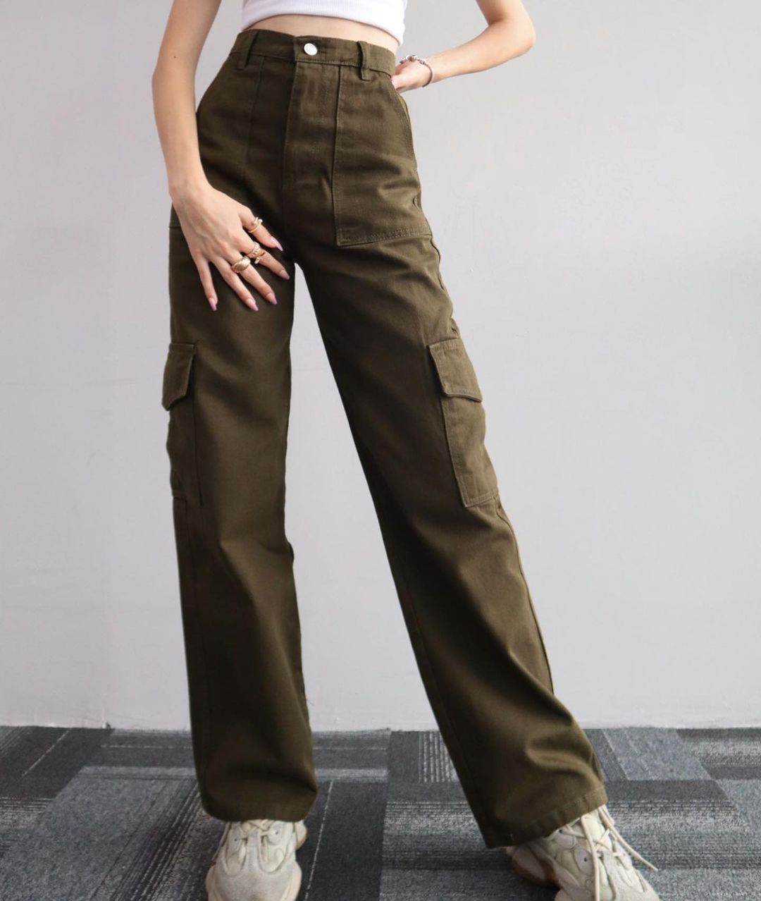 High Waist Wide Leg Cargo Pants - DarkGreen