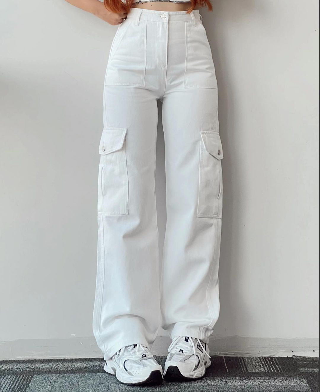 High Waist Wide Leg Cargo Pants - White - 1