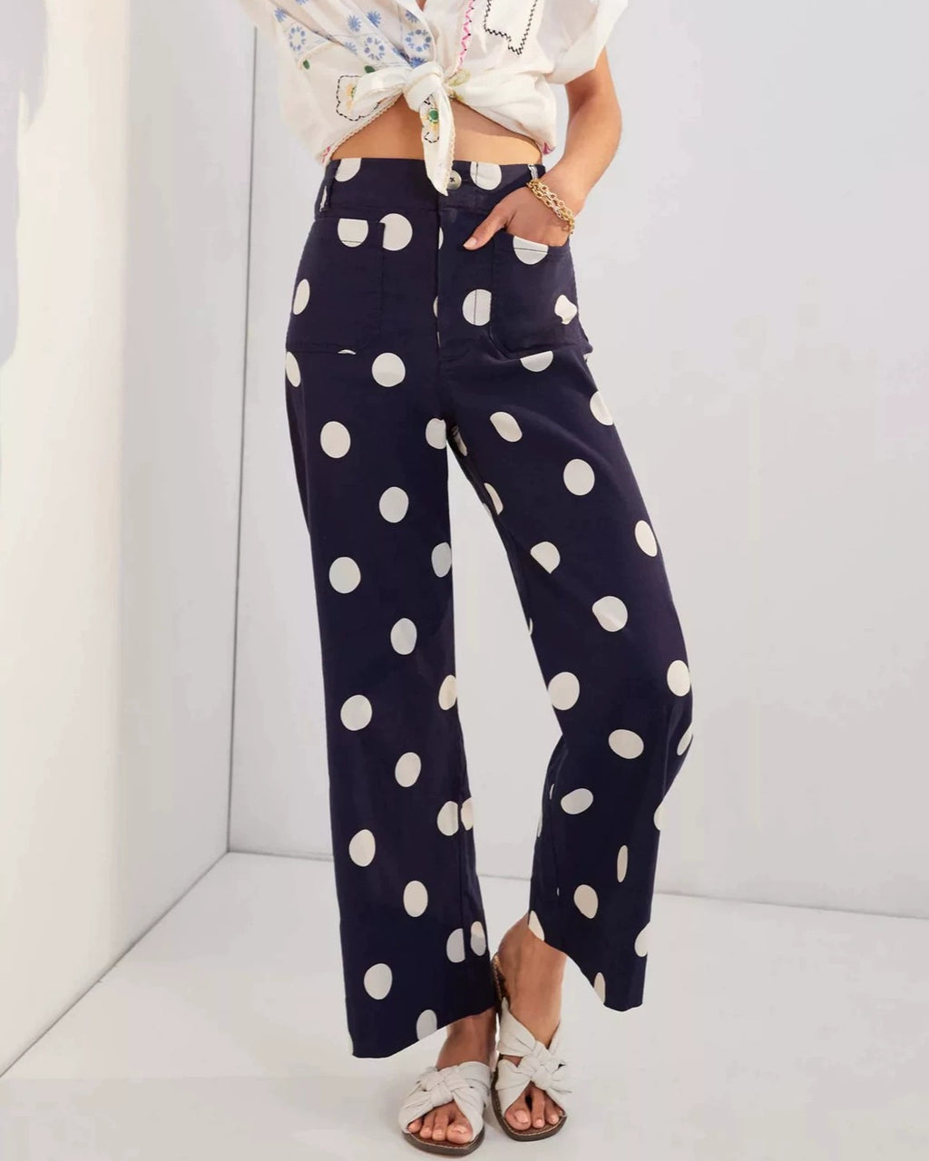 Polka Dot Print High Rise Straight Jeans - Dark-Blue