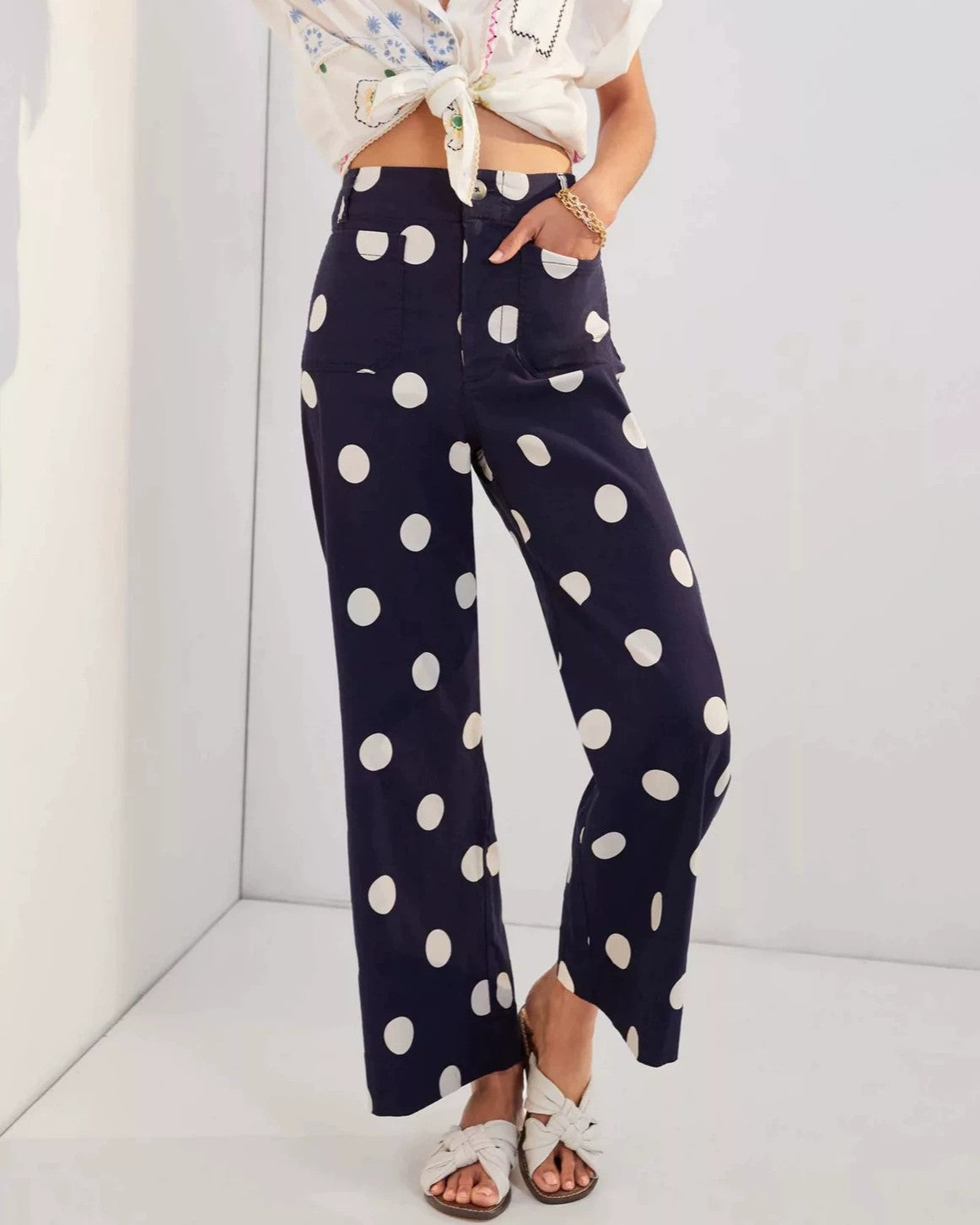 Polka Dot Print High Rise Straight Jeans - Dark-Blue