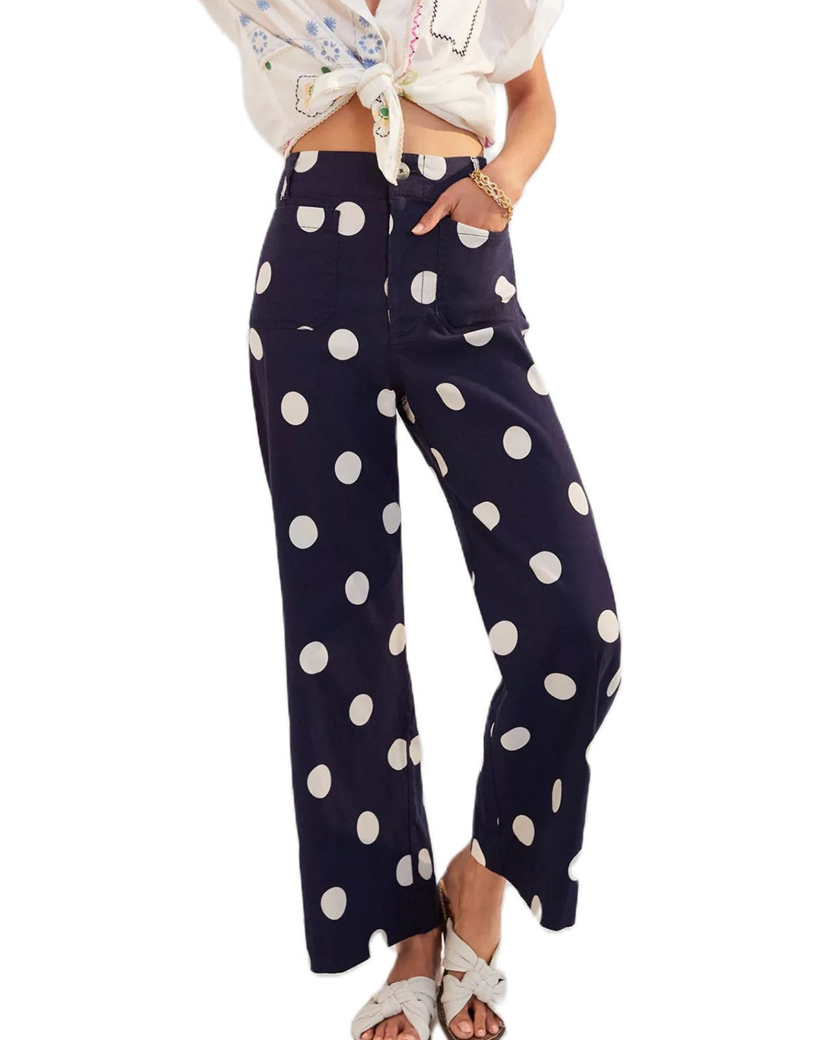 Polka Dot Print High Rise Straight Jeans - Dark-Blue - 1