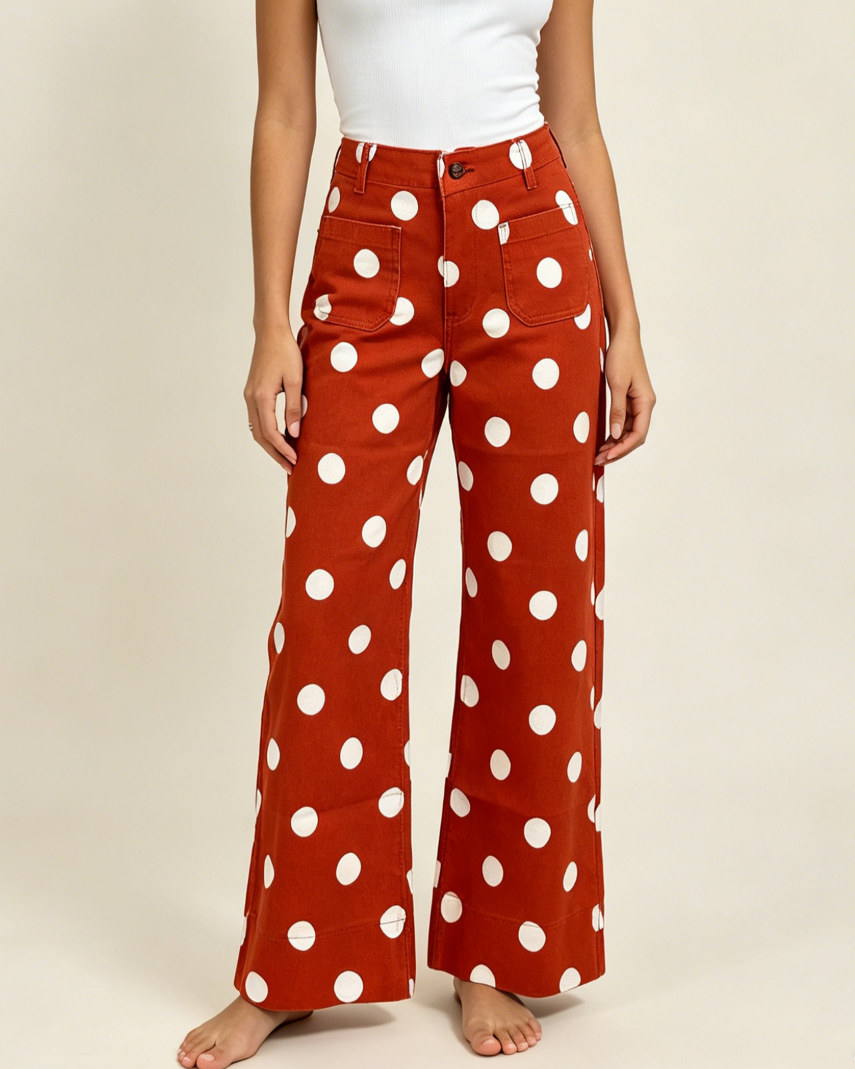 Polka Dot Print High Rise Straight Jeans - Orange
