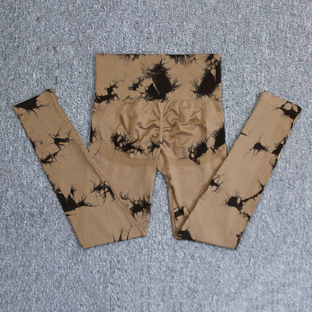 Tie-Dye Seamless Scrunch High Waist Workout Leggings - Black Champagne