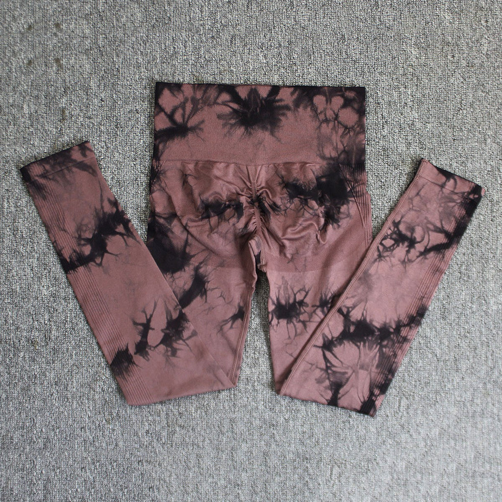 Tie-Dye Seamless Scrunch High Waist Workout Leggings - Black Coffee