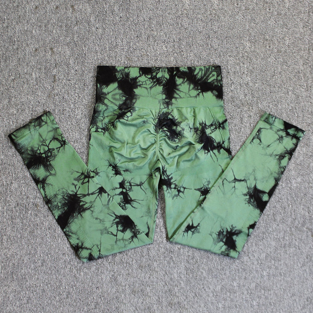 Tie-Dye Seamless Scrunch High Waist Workout Leggings - Black Green