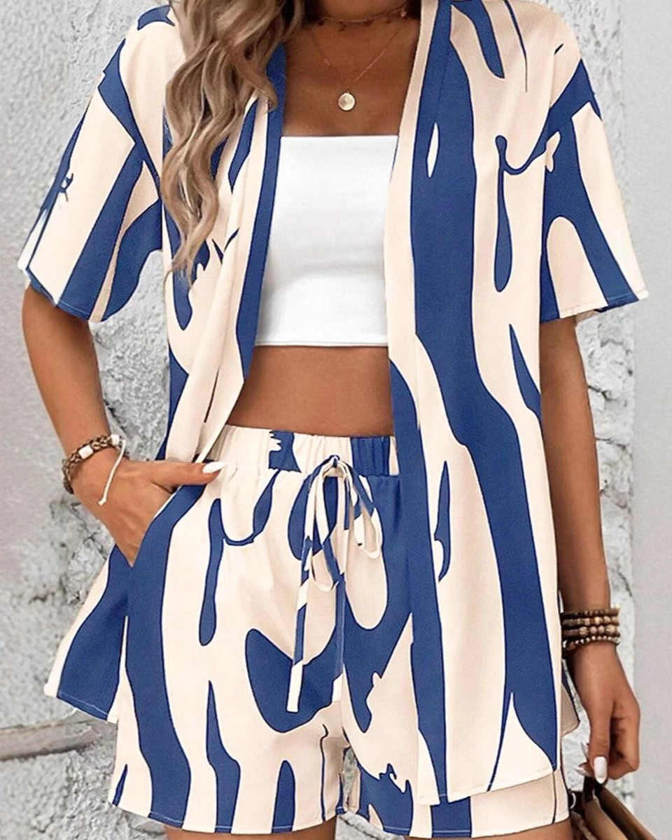 Abstract Print Shirt And Shorts Set - Blue - 1